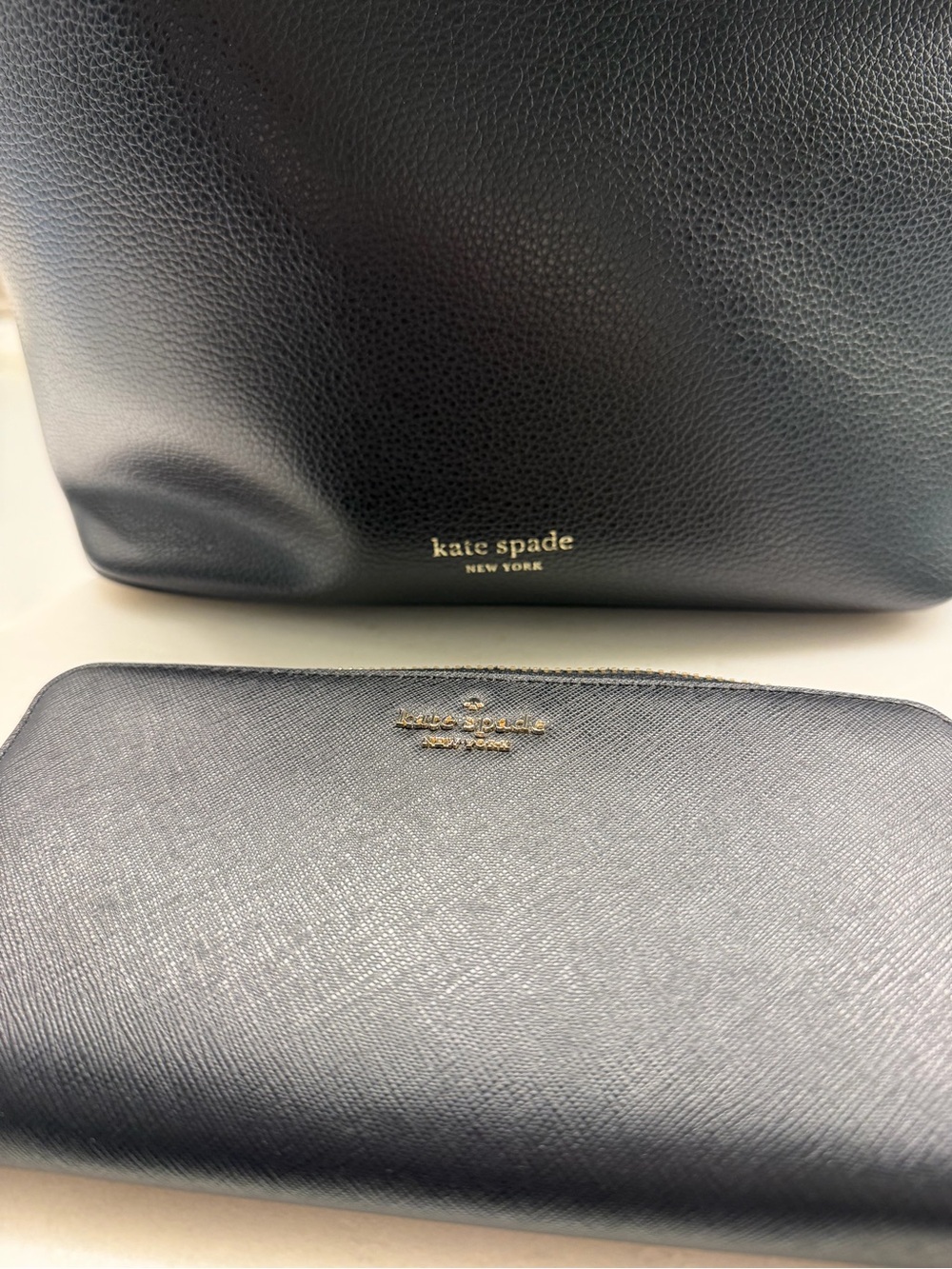 kate spade Navy Leather Tote and Wallet Set with Gold Logo